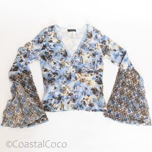 90s Y2K Floral Bell Sleeve Patchwork Blouse L Boho Fairy Cottagecore Festival